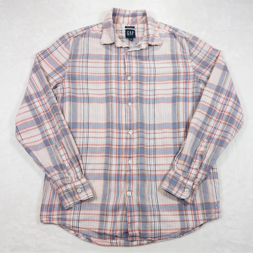 GAP Linen Plaid Shirt Women S Pink Blue Button Up Long Sleeve
